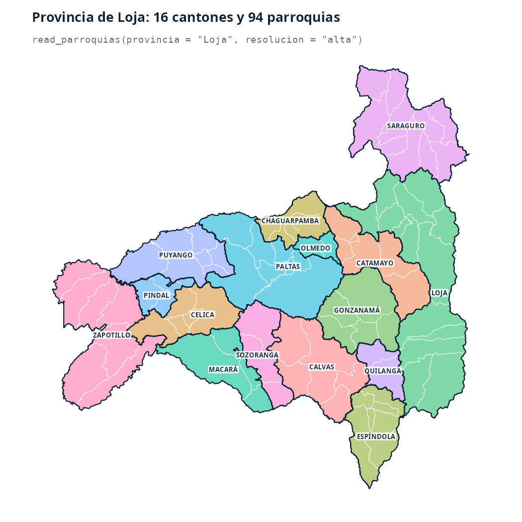 Mapa de la provincia de Loja con sus 16 cantones en colores distintos y los límites de sus 94 parroquias